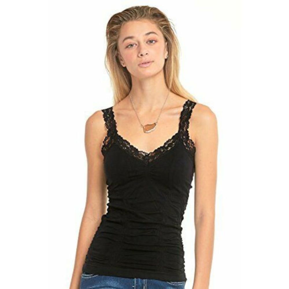 MOPAS Womens Black Lace Trimmed Camisole Sleeveless V Neck Top Size: FREE SIZE